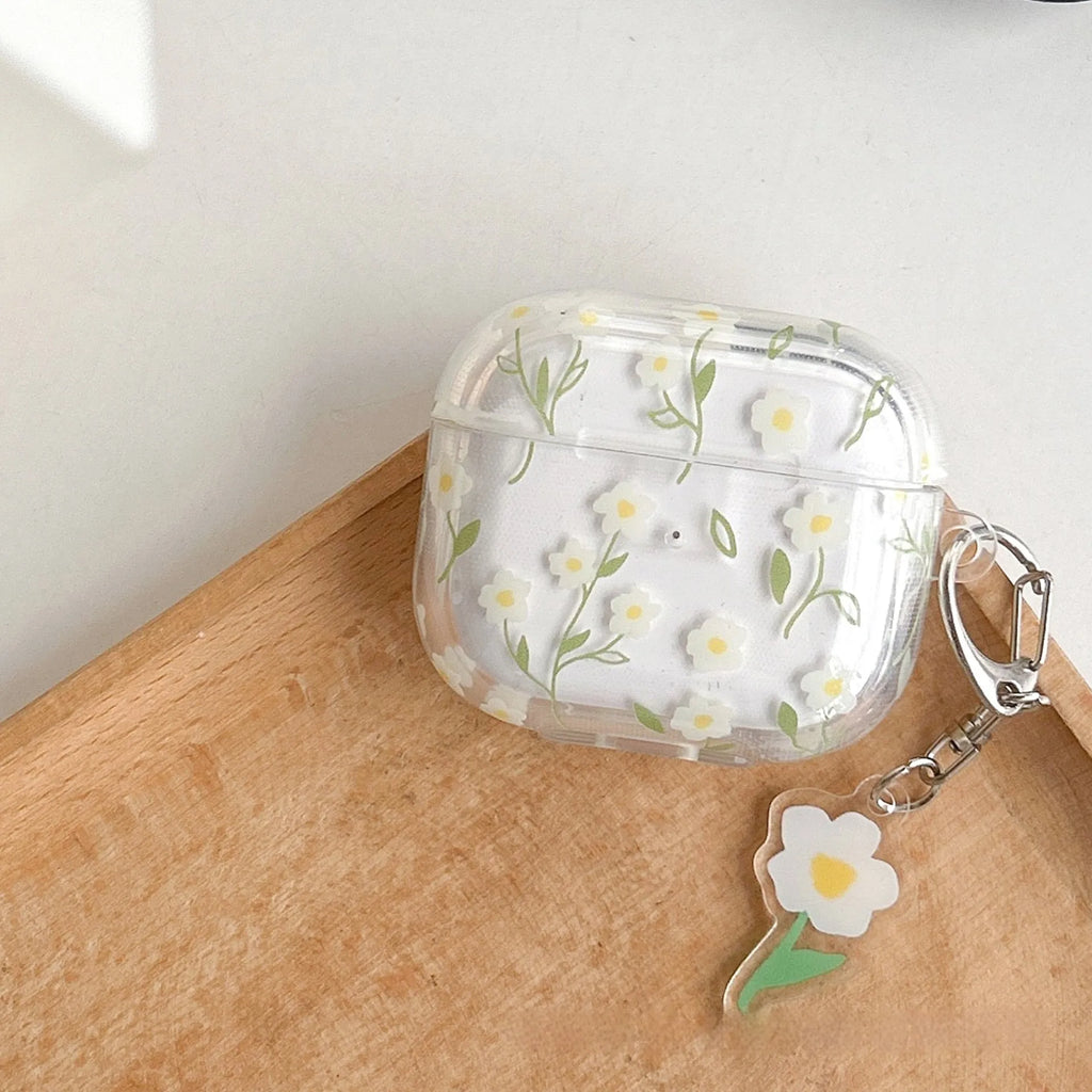 Clear soft TPU protective case for Apple AirPods with white floral oil painting decoration.