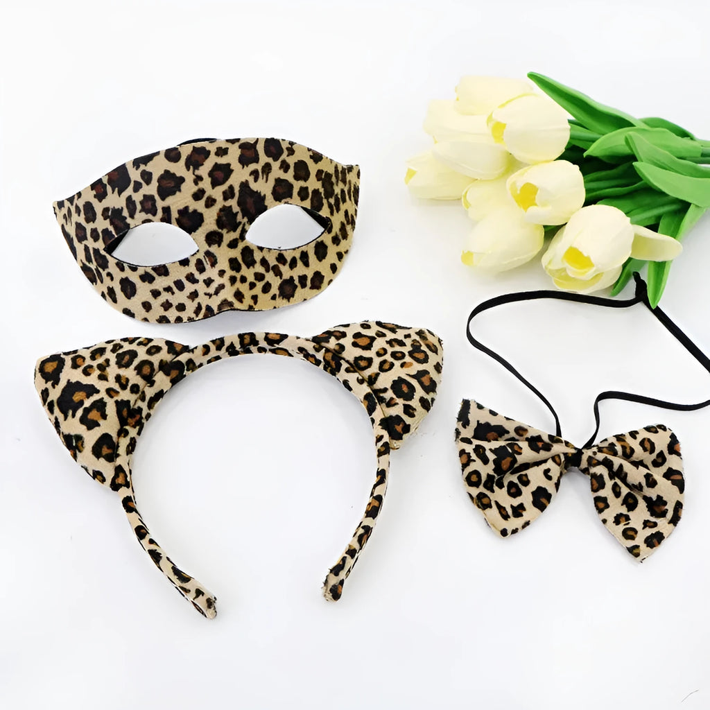 Halloween leopard print half face plastic mask and matching leopard print headband set