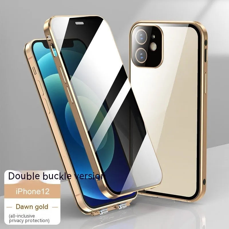 Glass back cover phone case for iPhone with double-sided buckle, shown in silver grey colour.
