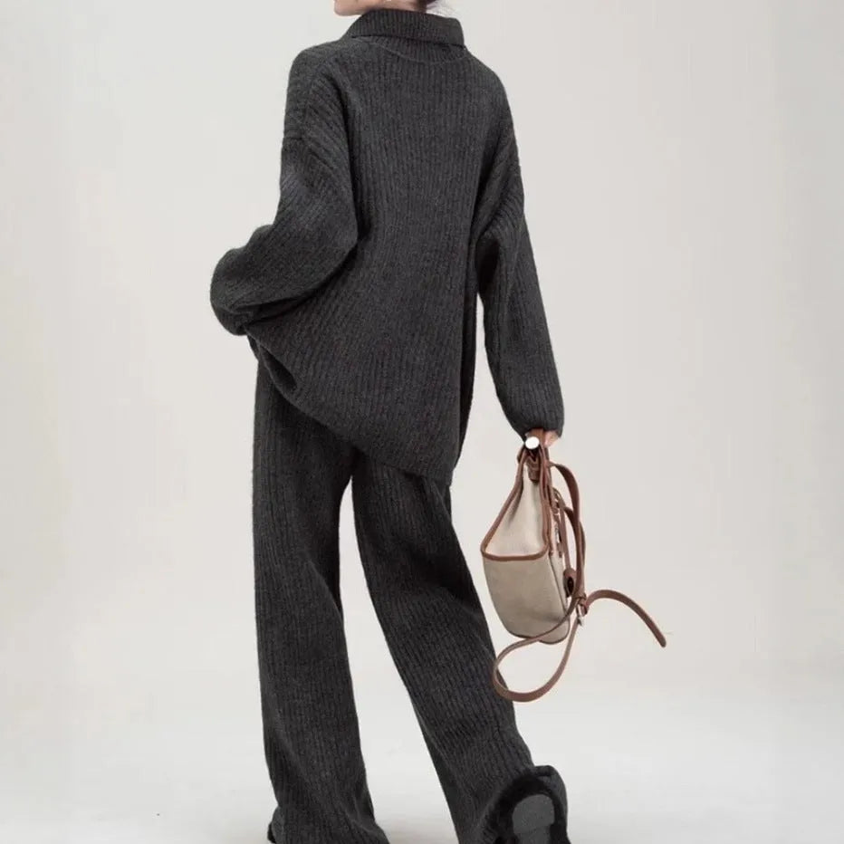 Sweater suit two-piece set with imitation cashmere fabric in beige, dark coffee, dark gray, or gray colours