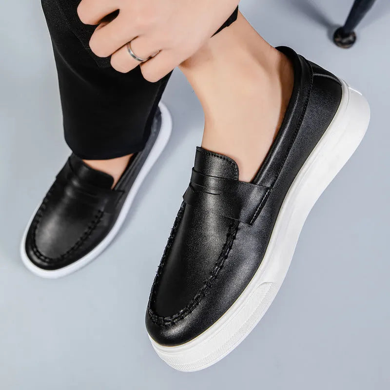 British style casual leather shoes in artificial PU material with round toe, shown in white colour
