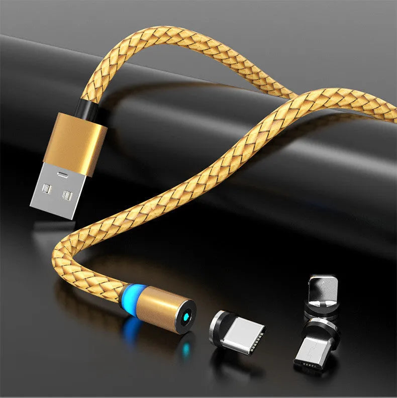 Magnetic charging cable with breathing light showing USB plug and interchangeable Lightning, Micro USB, and Type-C magnetic heads.