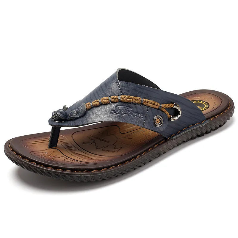 Men's black casual slippers with a non-slip sole and PU leather upper, shown from the side.