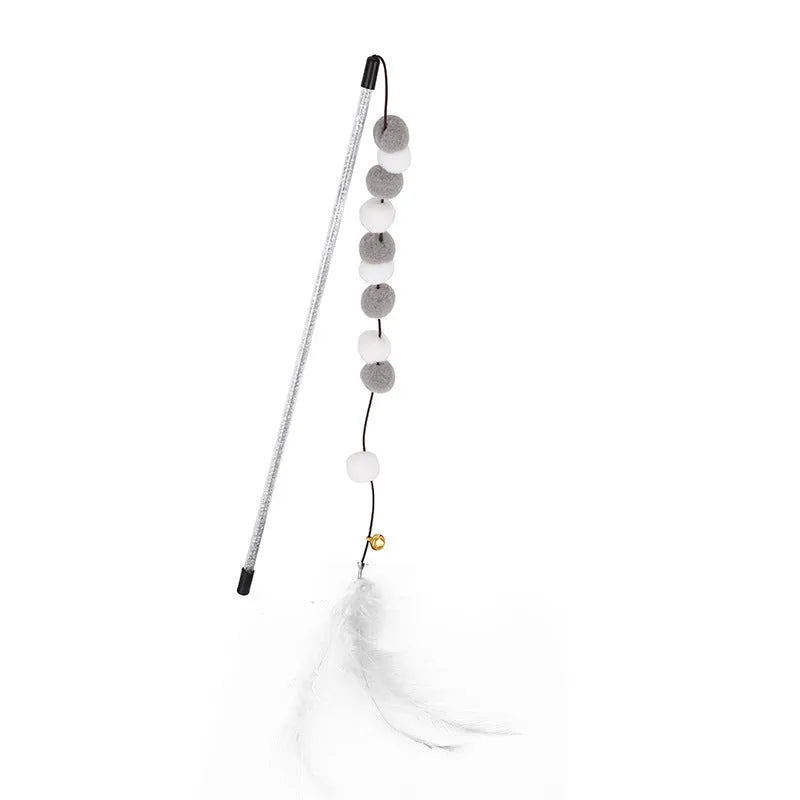 31 cm long cat teaser toy rod with bell and pompon feather attachments in blue colour