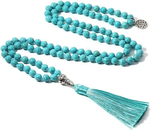 Handmade knotted natural stone bead necklace with 8mm beads in one of 12 colour options.