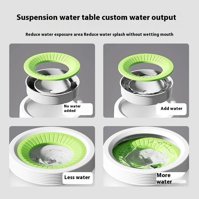 Green suspended non-spill water bowl for dogs and cats, showing the elevated bowl above the base plate
