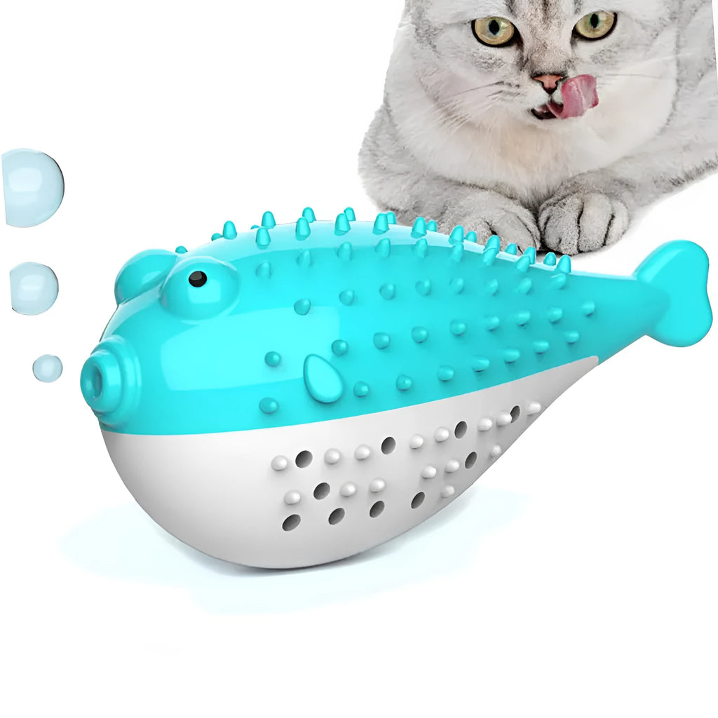 Blue silicone fish-shaped chew toy for cats on a plain background