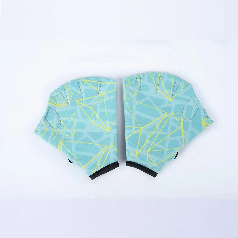 Webbed duck feet swimming gloves in nylon material showing colour variations and sizing options