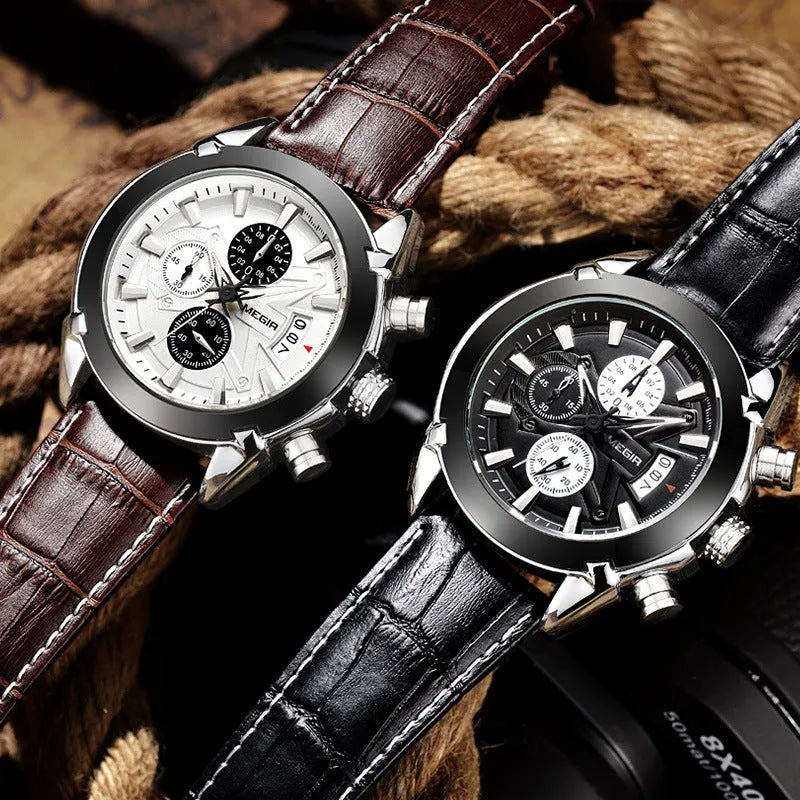Men's casual chronograph watch showing three sub-dials and luminous hands on a black or brown dial.