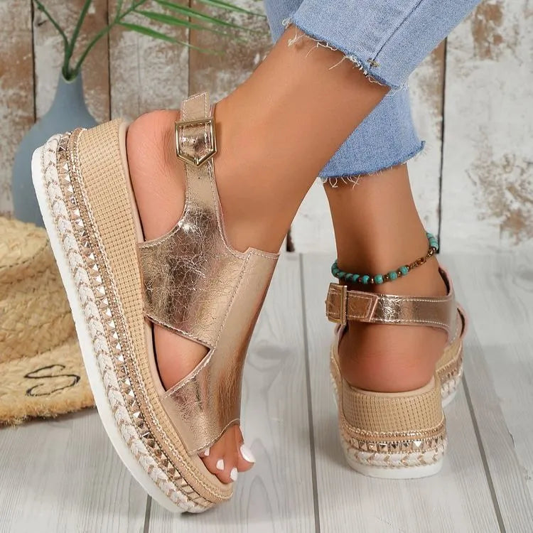Women's Summer Shiny Sandals with Hollow Design Fish Mouth Toe and Fashion Buckle Wedges Heel in Gold or Silver Available in Sizes 36 to 43