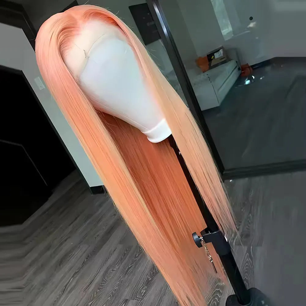 Light orange long straight front lace synthetic wig with side bangs on a mannequin head.