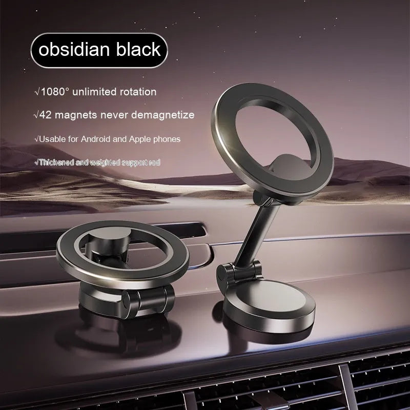 All-metal magnetic car phone mount in qian colour showing foldable dashboard design