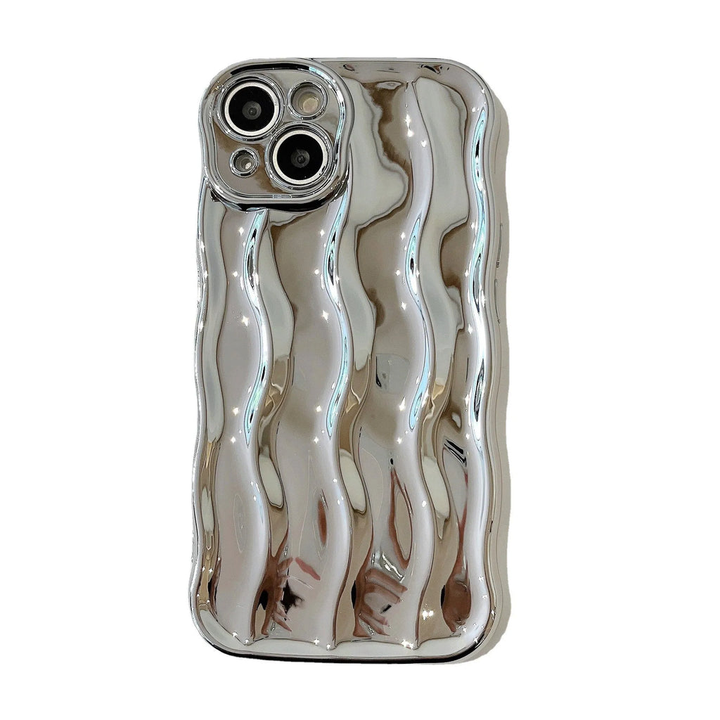 iPhone 17 Pro Max in a silver electroplated TPU case with a textured wave stripe pattern on the back.