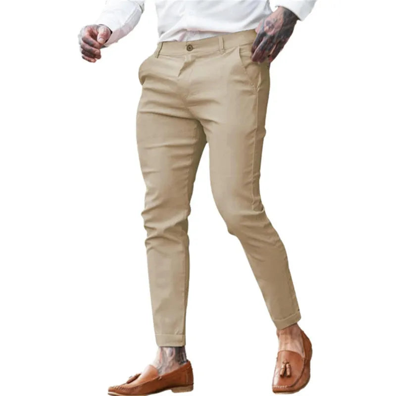 Men's slim fit stretch cotton twill pencil trousers in a choice of solid colours.