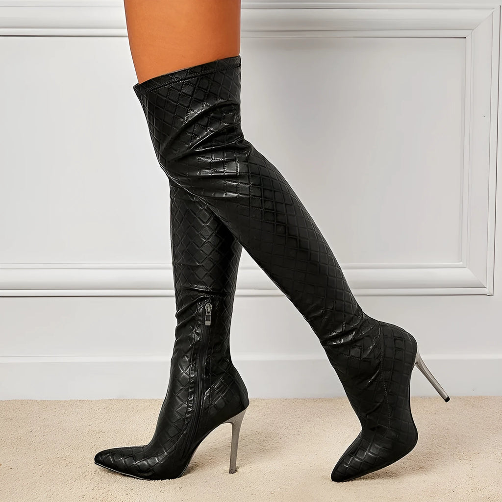 Black over-the-knee boots with 11cm stiletto heel, side zipper, and stretch shaft on display
