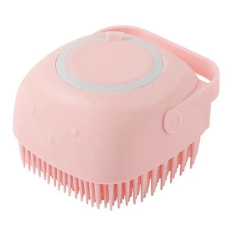 Blue silicone dog bath brush with handle for pet washing and massage during grooming