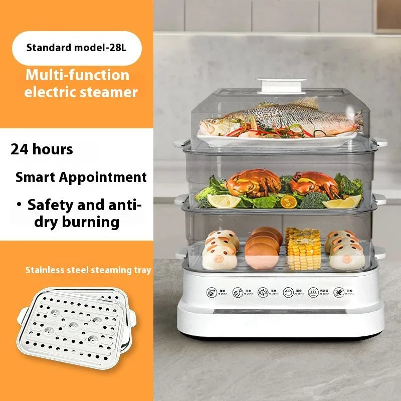 28 litre stainless steel electric food steamer with control panel and steaming rack
