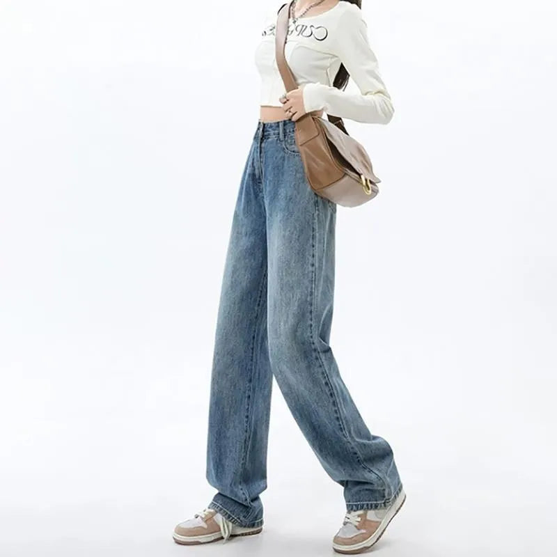 Women's retro blue wide leg jeans with high waist and straight cut on hanger
