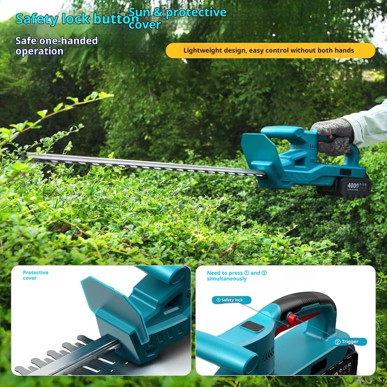 24V lithium battery cordless electric hedge trimmer with two batteries and charger on white background