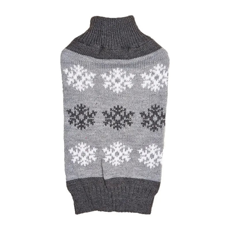 Dog wearing brown and grey Christmas sweater with snowflake pattern design