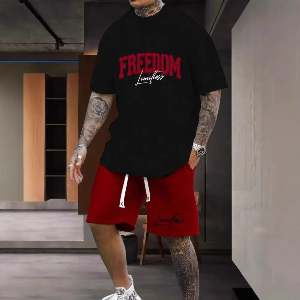 Men's black and white 3D printed letter short sleeve top and shorts suit set