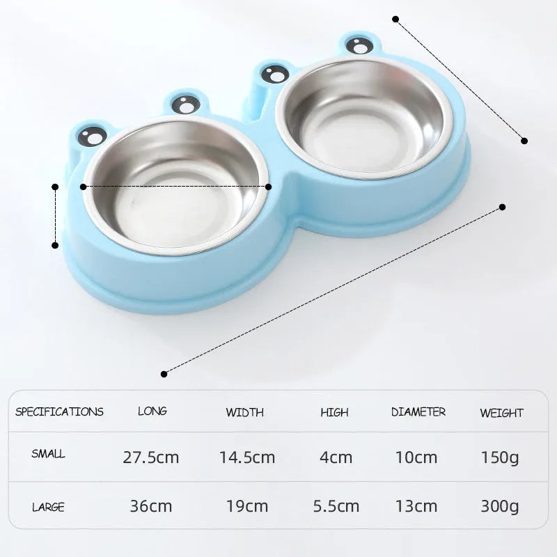 Stainless steel double pet bowl set with anti-slip frog base in blue, for cat or dog food and water.