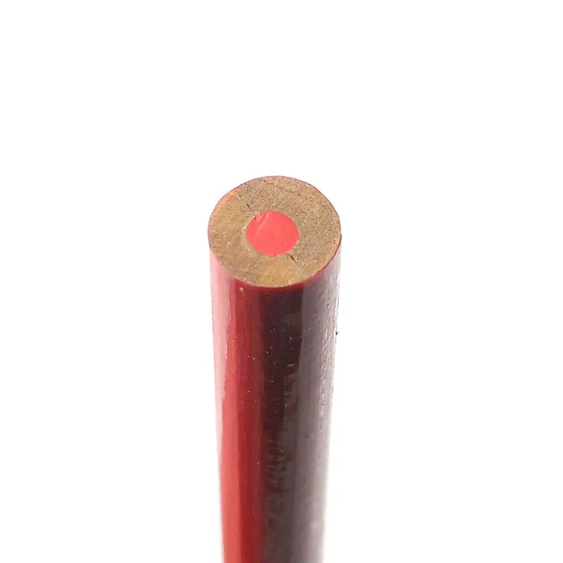 Ten red and blue wooden carpenter pencils with round barrels arranged together.