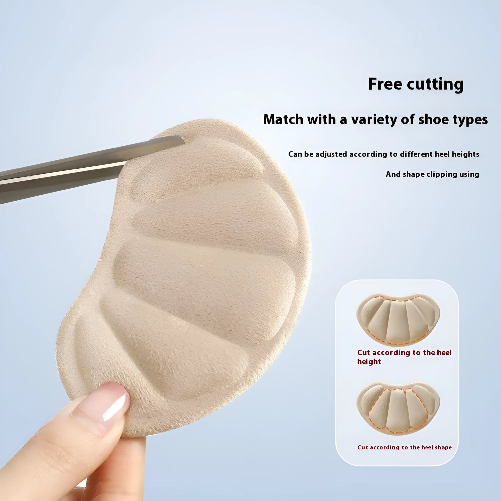 Three pairs of camel suede anti-slip heel cushion pads on a white background.