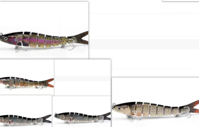 14cm ABS fishing lure with 8-segment body, treble hooks, and realistic 3D eyes