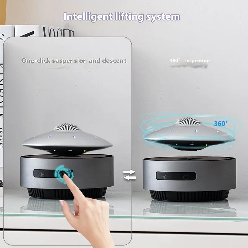 Black automatic lifting magnetic levitation Bluetooth speaker with a floating orb.