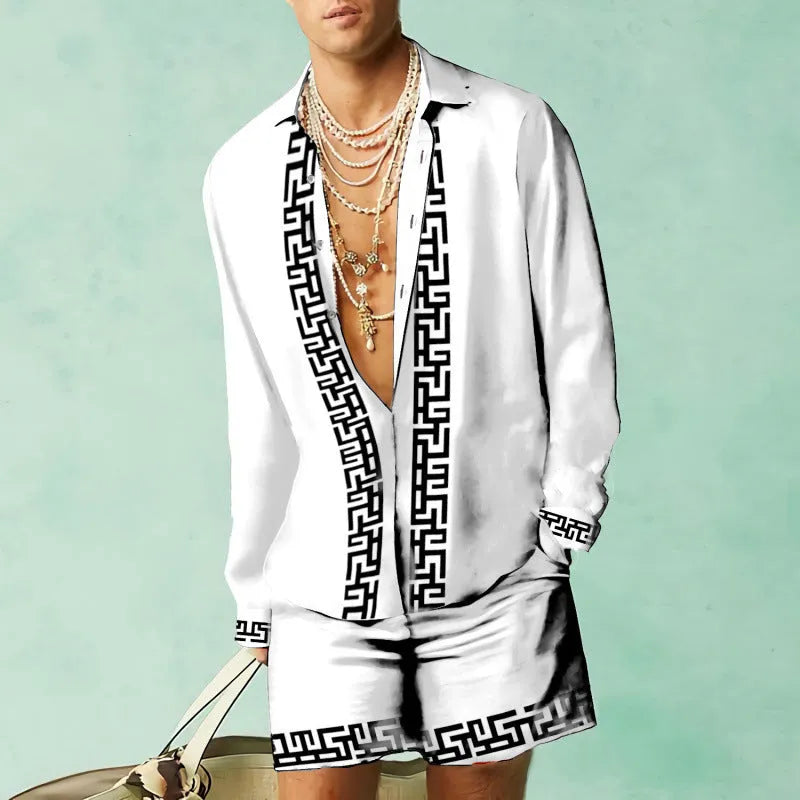 Casual summer shirt and shorts set in slim fit design with long sleeves