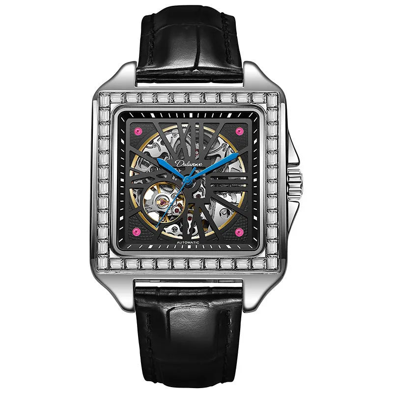 Men's square automatic watch with diamond studs on black leather strap