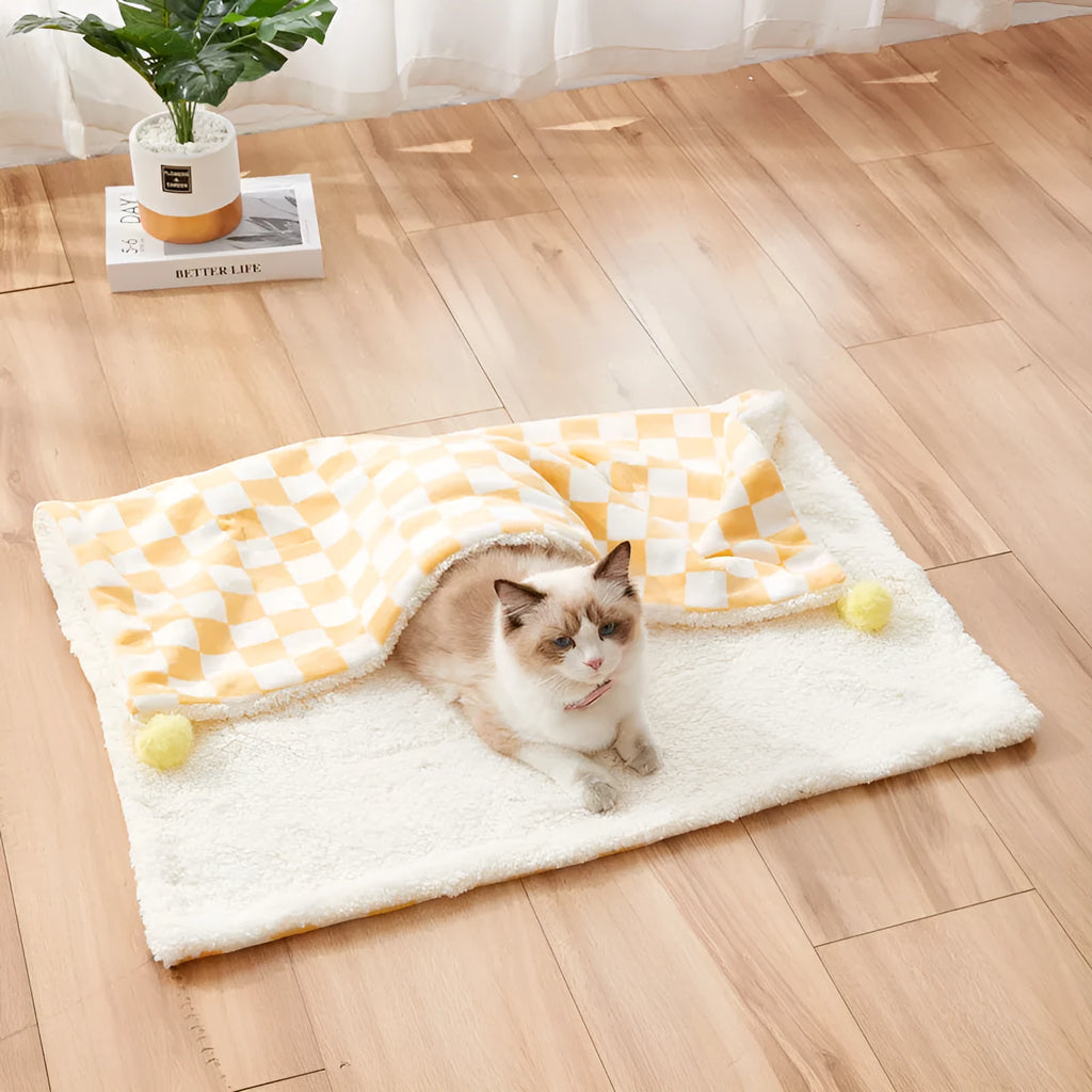 Plaid pattern pet blanket with fur ball decorations in green, pink or yellow colours