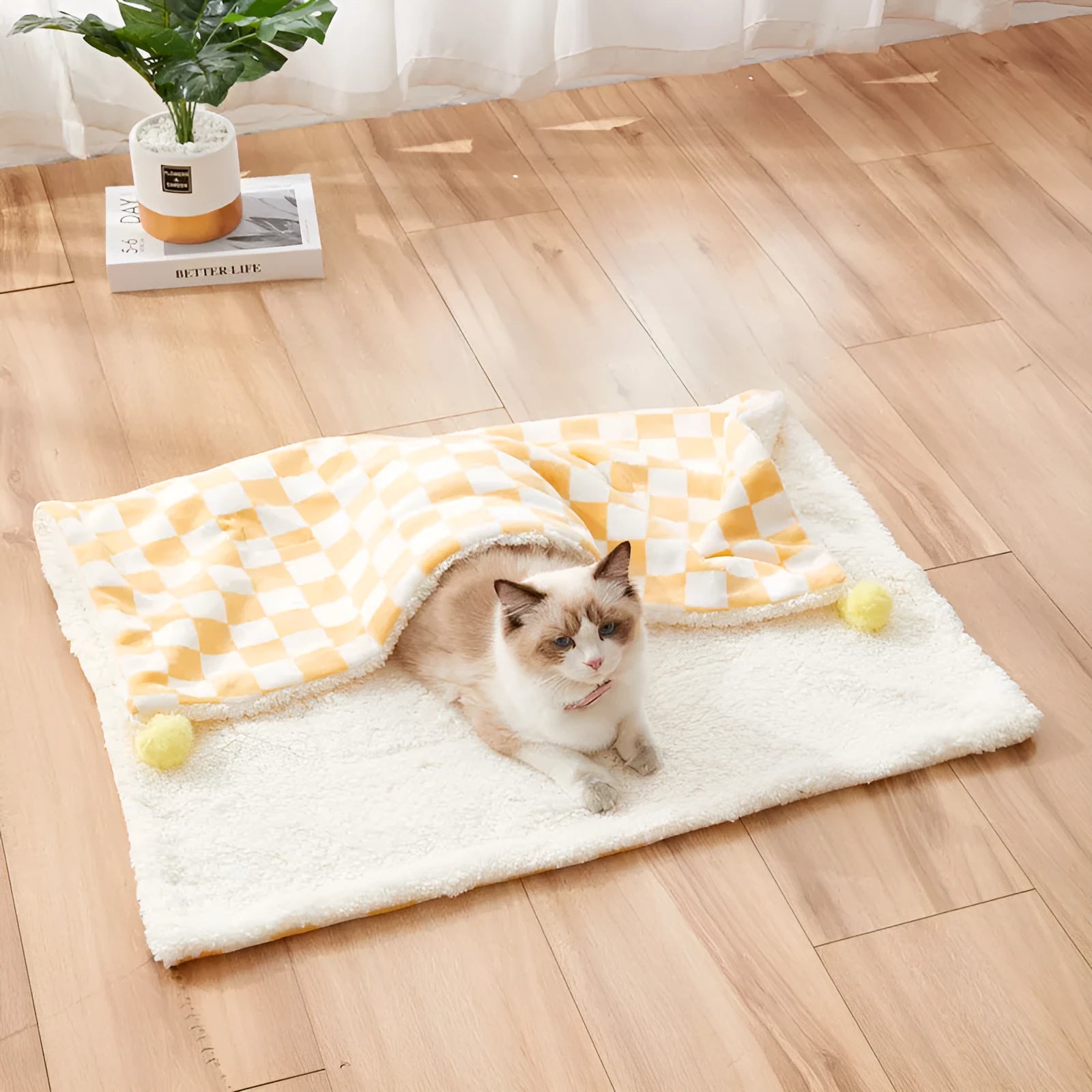 Plaid pattern pet blanket with fur ball decorations in green, pink or yellow colours