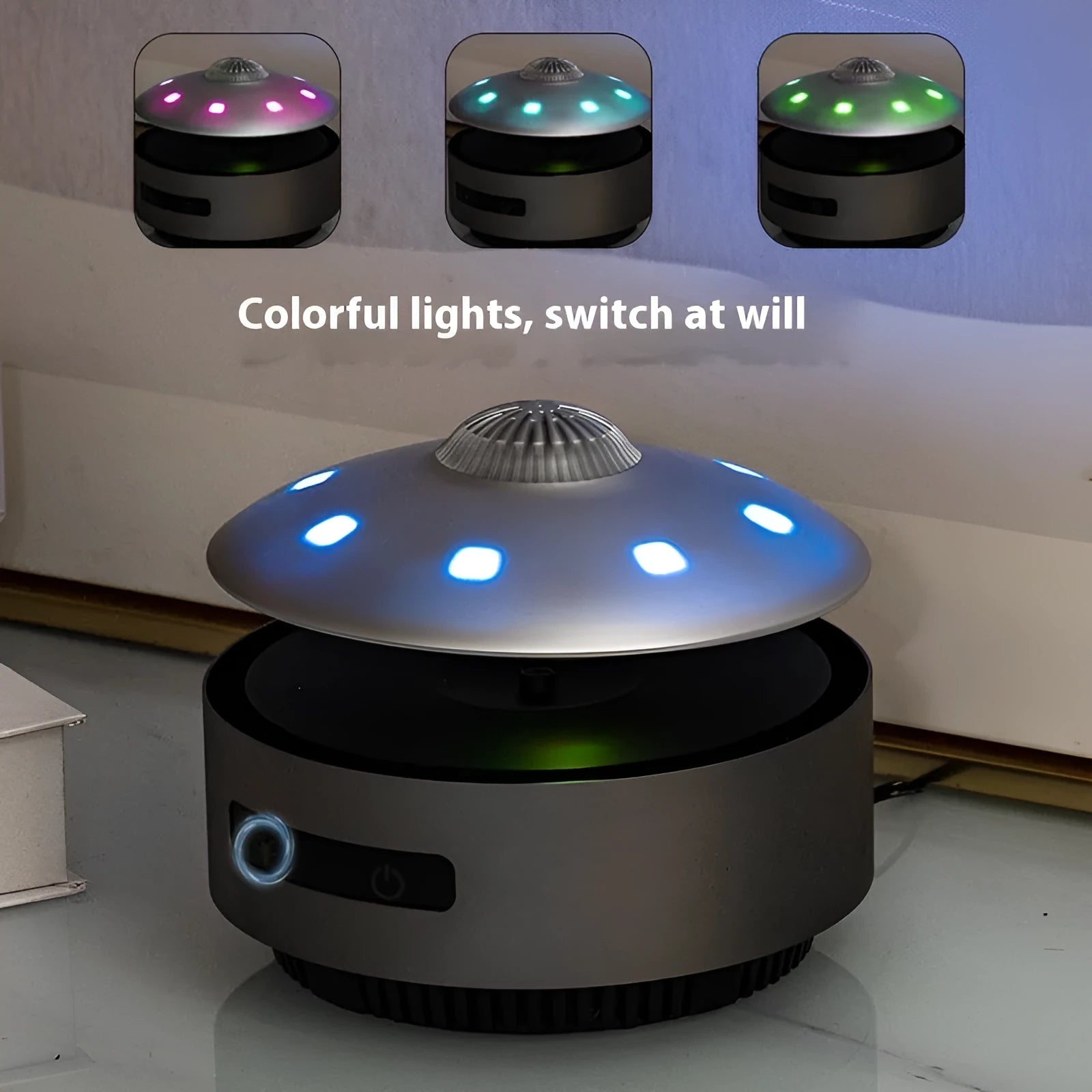 Black automatic lifting magnetic levitation Bluetooth speaker with a floating orb.