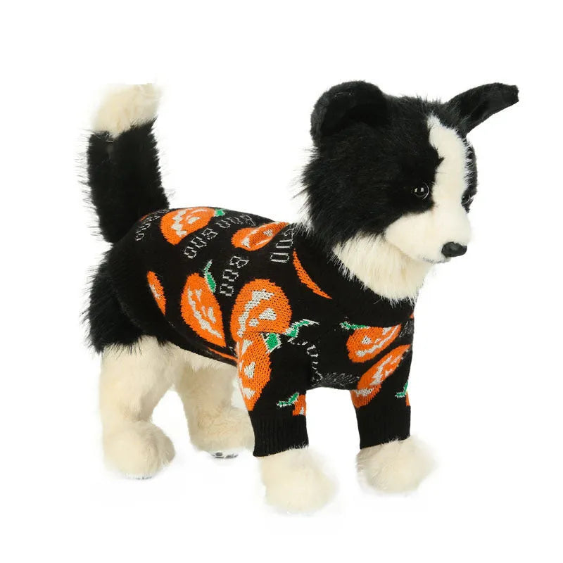 Black dog sweater with orange pumpkin print for Halloween, shown on a mannequin.