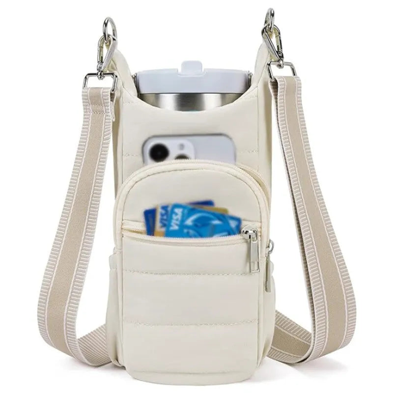 Cloth water bottle bag for bicycle frame mounting in black, pink or beige colours