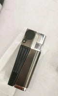 Silver foldable metal pipe lighter shown open, revealing the lighter mechanism and a small stash compartment.