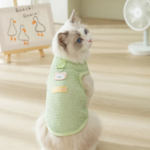 Green bear patch cat clothing with hollowed-out knitted fabric design on a feline