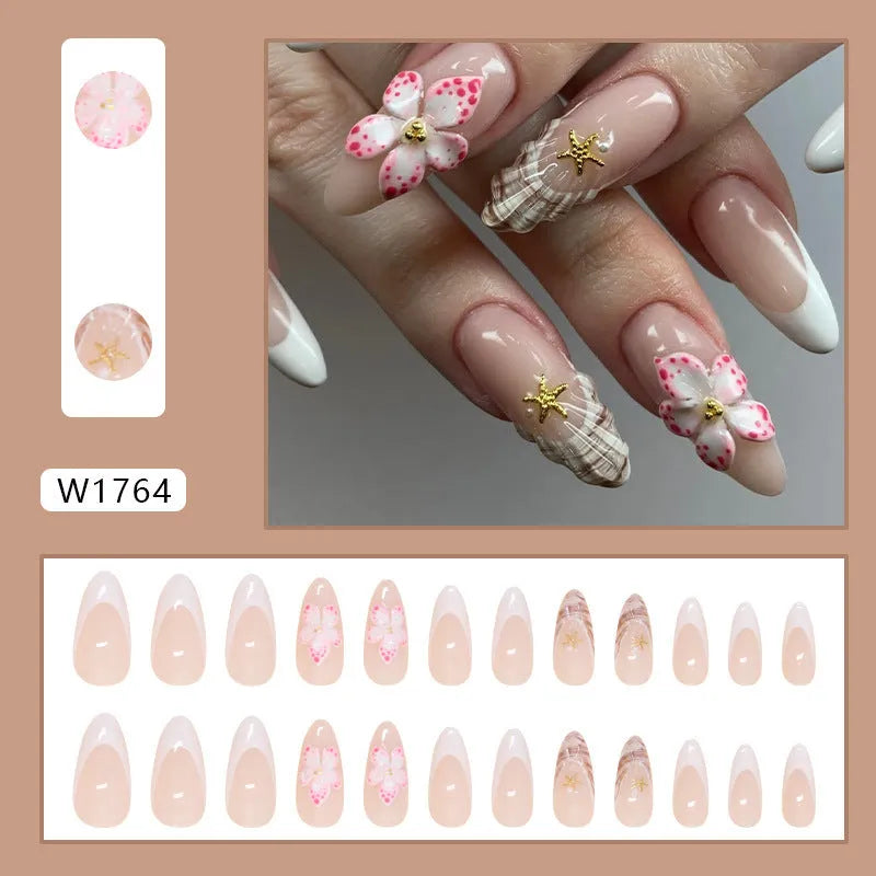Flower French style fake nails with rock pattern patch removable design in W1764 simple flower colour