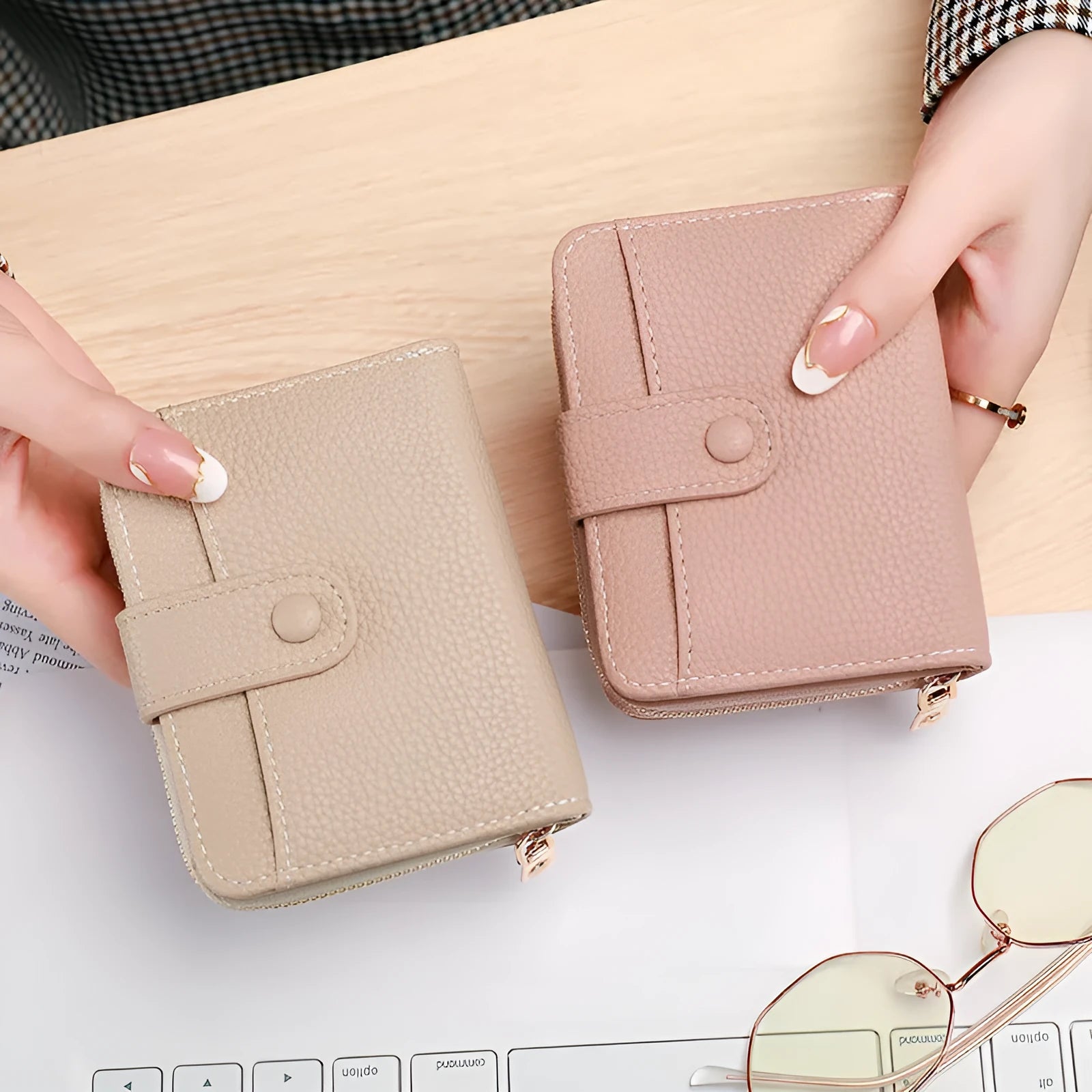 Women's short organ wallet with lychee pattern in pu leather, showing antibacterial lining and reinforced sewing thread detail