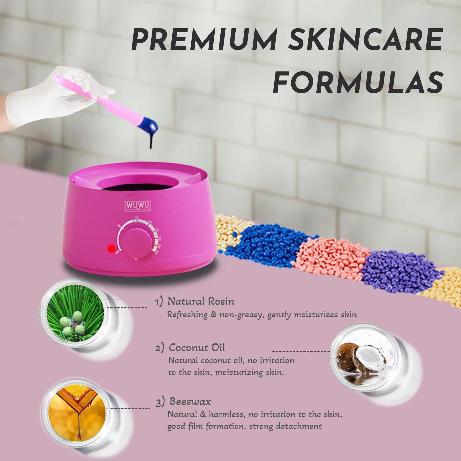 Professional waxing kit with wax warmer, hard wax beans, applicators, and aftercare products for hair removal.