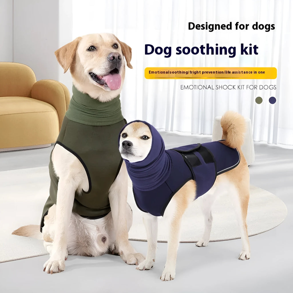 Army green dog anxiety jacket on medium-sized dog showing calming pressure design