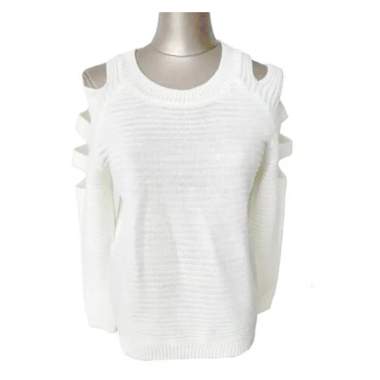 White women's knitted shirt with hollow-out sleeves and round neck