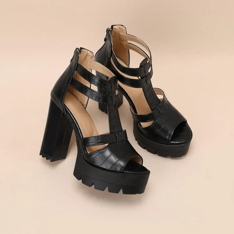 Women's black platform high heel sandals with a round toe and back zipper.