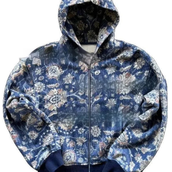 Red or blue loose fit hooded zip coat for young men, polyester fabric, Asian sizes XS to 6XL