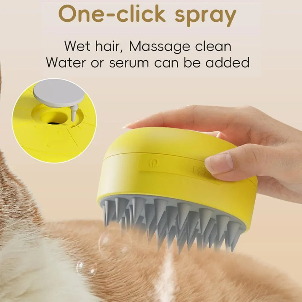 Green rechargeable cat and dog steam brush with soft silicone bristles on a white background.