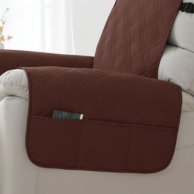 Quilted burgundy sofa cover on a Chivas massage chair