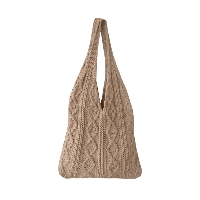 Women's retro crochet knitted polyester yarn shoulder tote bag in solid colour with double straps