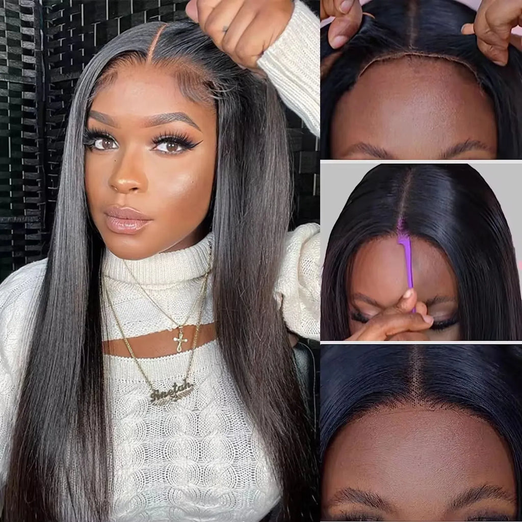 A long, straight, glueless human hair wig with side bangs, shown in a natural style.